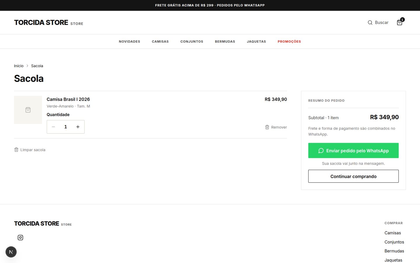 Sacola com checkout via WhatsApp