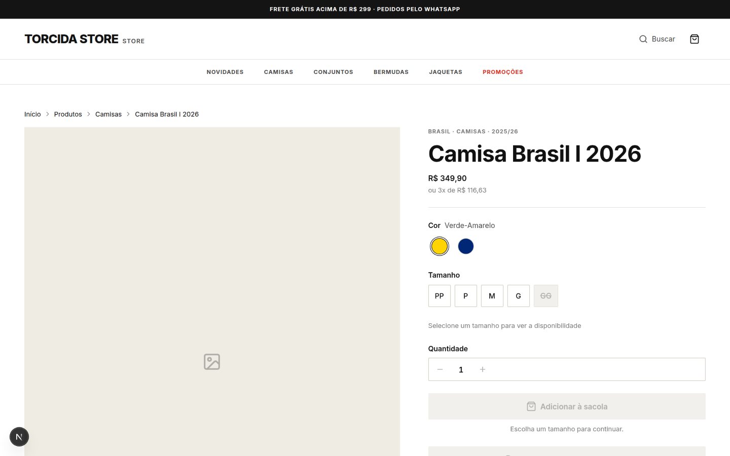 Página de produto com variantes, tamanhos e estoque